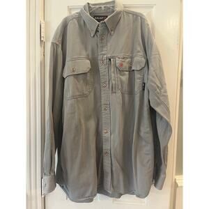 Ariat FR Shirt Mens XL Gray Flame Resistant Workwear Long Sleeve Blue Collar